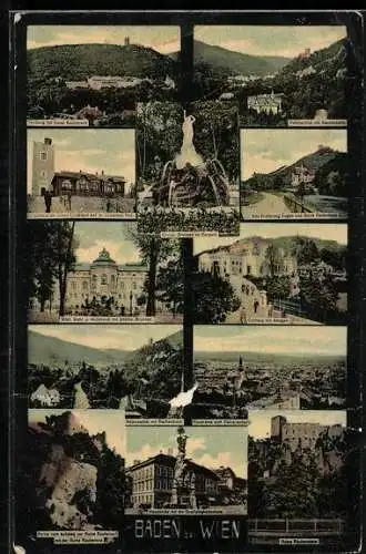 AK Baden bei Wien, Gebäudeansichten, Brunnen, Denkmal, Schloss