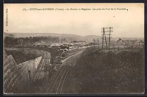 AK Nuits-sous-Ravières /Yonne, La Station et Magasin, vue prise du Pont de la Tranchée