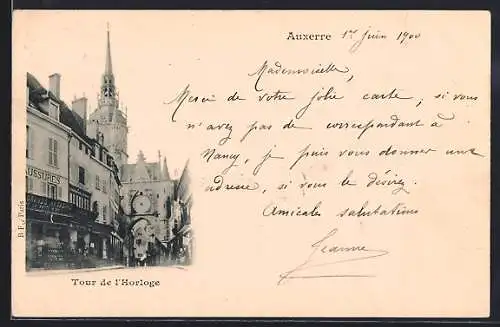 AK Auxerre, Tour de l`Horloge et rue animée