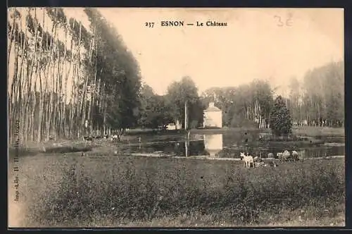 AK Esnon, Le Château et étang avec animaux paissant