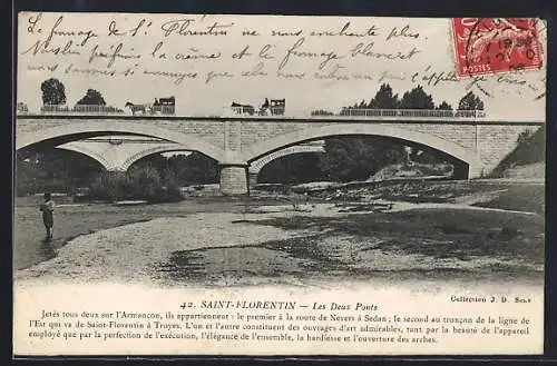 AK Saint-Florentin, Les Deux Ponts sur l`Armancon avec paysage environnant