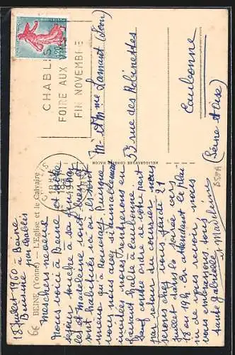 AK Beine /Chablis, Église et Calvaire avec croix en fer forgé