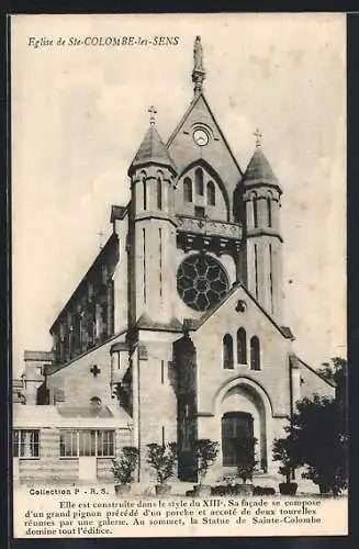 AK Sainte-Colombe-les-Sens, Église de Ste-Colombe-lès-Sens, facade et statue dominante