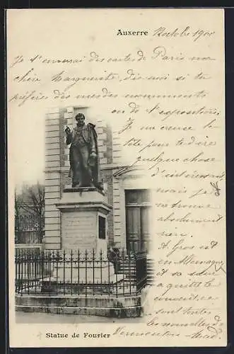AK Auxerre, Statue de Fourier devant un bâtiment élégant