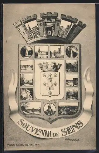 AK Sens, Blason avec vues emblématiques et Souvenir de Sens