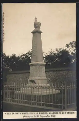 AK Villeneuve-les-Genèts, Monument aux morts inauguré le 30 septembre 1923