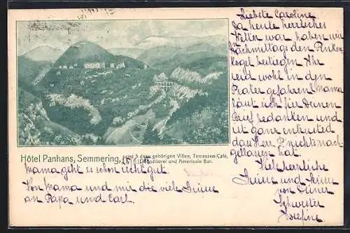 AK Semmering, Hotel Panhans u. Villen mit Viadukt u. Umgebung aus der Vogelschau