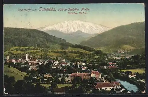 AK Scheibbs /N.-Ö., Gesamtansicht mit Fluss und Ötscher