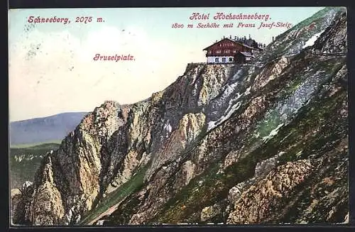 AK Hochschneeberg, Hotel Hochschneeberg mit Gruselplatz u. Franz Josef-Steig