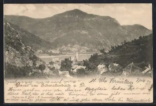 AK Schwallenbach a. D., Teilansicht mit Donau und Bergpanorama