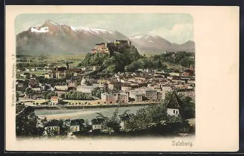 AK Salzburg, Ortsansicht mit Festung und Bergpanorama