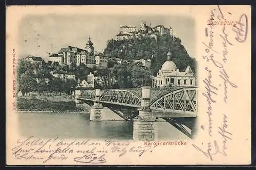 AK Salzburg, Karolinenbrücke mit Ortsansicht
