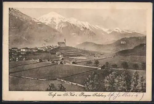 AK St. Veit i. Pongau, Ortsansicht mit Bergpanorama aus der Vogelschau