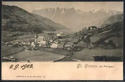 AK St. Johann im Pongau, Gesamtansicht mit Bergpanorama aus der Vogelschau