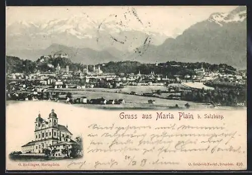 AK Maria Plain b. Salzburg, Turmgebbäude, Gesamtansicht mit Bergpanorama