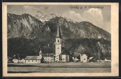 AK Grödig, Ortspanorama g. d. Untersberg