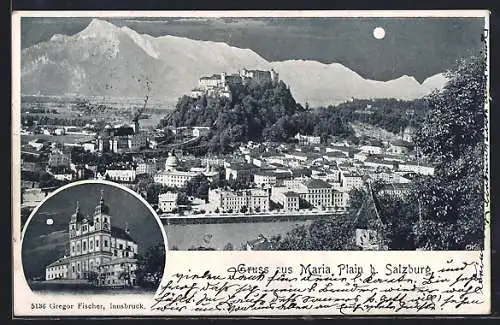 AK Maria Plain b. Salzburg, Kirche, Teilansicht mit Festung