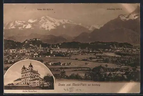 AK Maria-Plain, Kirche und Panorama von Salzburg