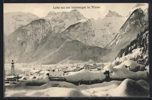 AK Lofer, Ortsansicht im Winter mit den Steinbergen