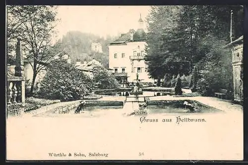 AK Salzburg, Hellbrunn, Teichanlage und Turmgebäude