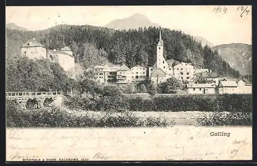 AK Golling, Ortspanorama mit Brücke