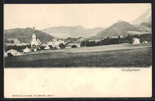 AK Grossgmain, Ortsansicht mit Bergpanorama