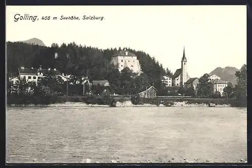 AK Golling /Salzburg, Ortspanorama vom Wasser aus