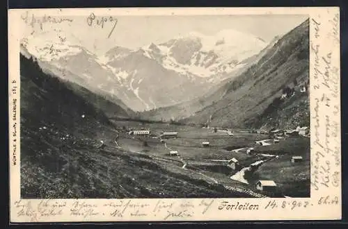 AK Ferleiten, Ortsansicht mit Fluss und Bergpanorama