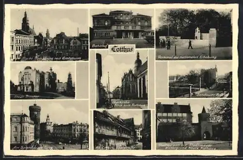 AK Cottbus, Markt Oberkirche mit Amtsturm, Bahnhof, Stadt-Theater