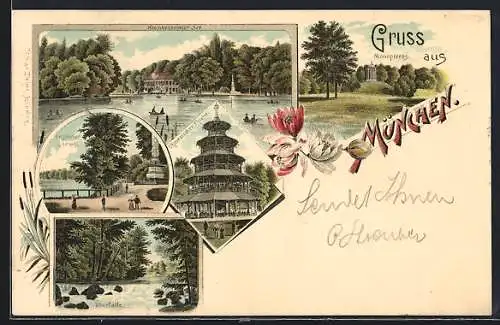 Lithographie München-Schwabing, Englischer Garten, Kleinhesseloher See, Überfälle
