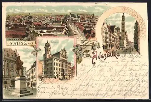 Lithographie Augsburg, Gesamtansicht, Perlachthurm, Rathaus, Fugger-Denkmal