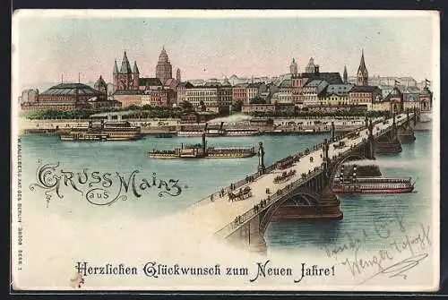Lithographie Mainz, Uferpartie mit Kirche und Brücke, Neujahrsgruss
