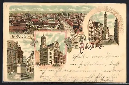Lithographie Augsburg, Gesamtansicht, Perlachthurm, Rathaus, Fugger-Denkmal