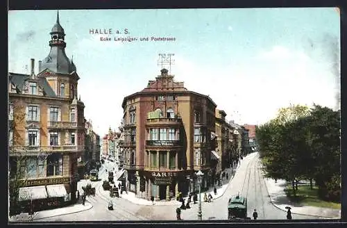 AK Halle a. S., Strasseneck Leipziger- und Poststrasse mit Geschäften und Strassenbahn