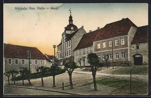 AK Mücheln /Bez. Halle, Markt mit Hotel Deutscher Hof