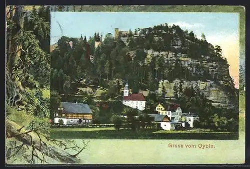 AK Oybin, Blick auf den Ort, Waldpartie