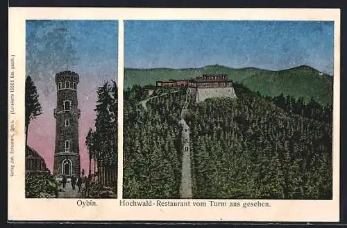Luna-AK Oybin, Hochwald-Restaurant vom Turm aus gesehen