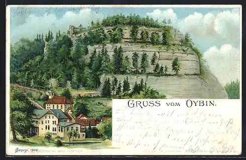 Lithographie Oybin, Ortspartie mit Kapelle und Berg