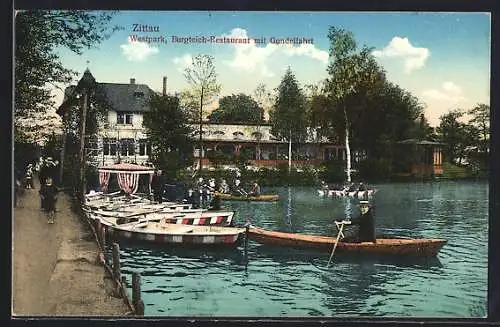 AK Zittau, Burgteich-Restaurant mit Gondelfahrt