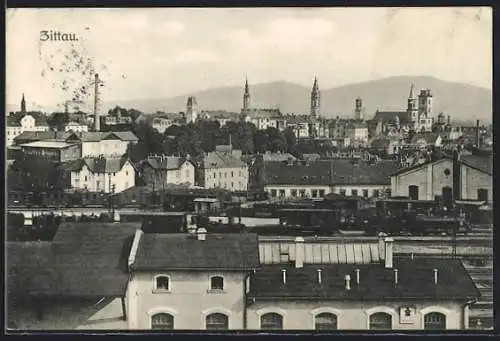 AK Zittau, Teilansicht mit Eisenbahn
