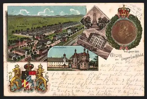 Lithographie Lechfeld, Lager, Kloster, Denkmal, Wappen und Medaille