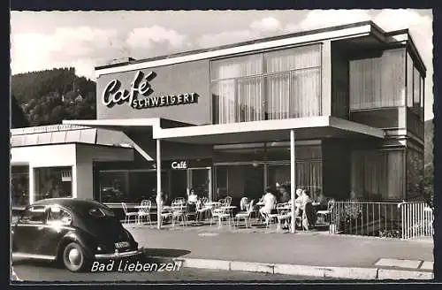 AK Bad Liebenzell, Cafe Schweigert mit VW Käfer