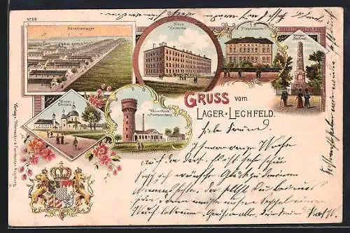 Lithographie Lager Lechfeld, Neue Kaserne, Wasserthurm m. Maschinenhaus, Kriegerdenkmal, Barackenlager