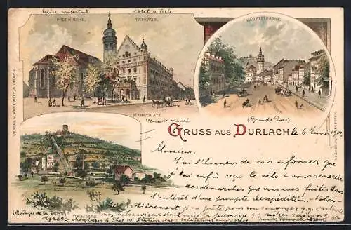 Lithographie Karlsruhe-Durchlach, Rathaus, Hauptstrasse & Turmberg