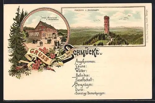 Lithographie Gehlberg, Hotel Schmücke A. Rechenbach und Panorama an der Schneekoppe, gerahmt von Bäumen und Blumen