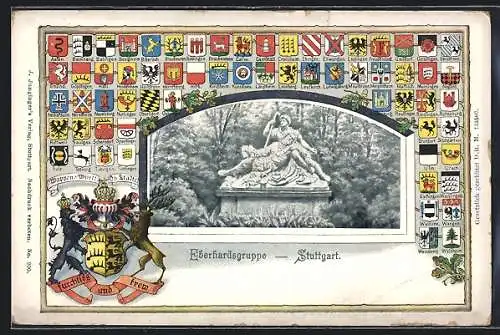 Künstler-AK Stuttgart, Eberhardsgruppe mit Wappen Württ. Städte