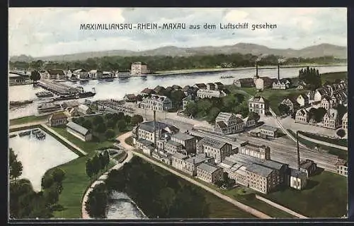 Lithographie Maximiliansau, Totalansicht mit Bahnhof, Linoleum Fabrik