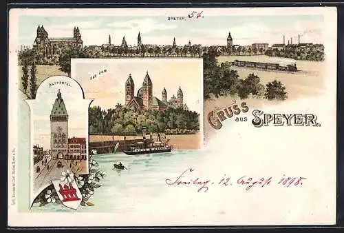 Lithographie Speyer, Totalansicht, Dom, Altpörtel