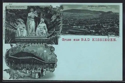 Mondschein-Lithographie Bad Kissingen, Quellengruppe, Ortsansicht vom Staffelsberg, Rakoczy-Brunnen