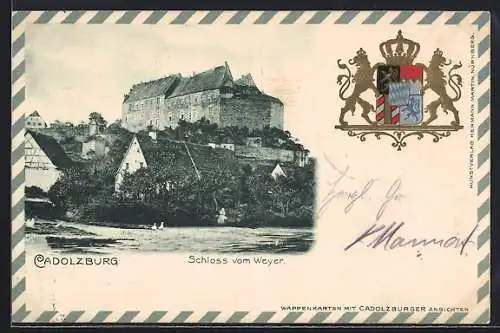Präge-AK Cadolzburg, Blick auf das Schloss vom Weyer aus, Wappen